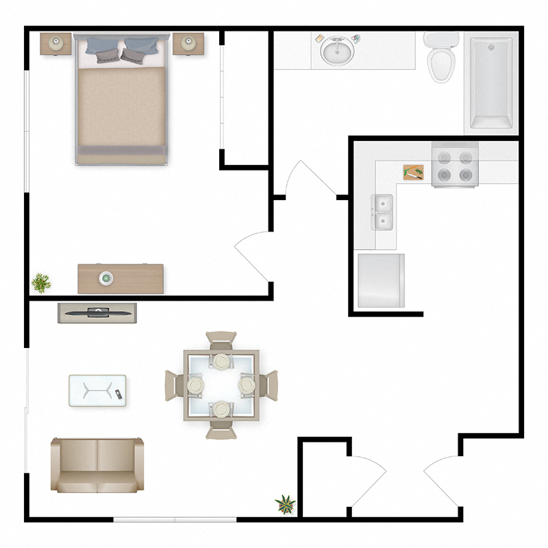 A floor plan of a one bedroom apartment at The Lakes Apartments, Moses Lake, WA 98837
